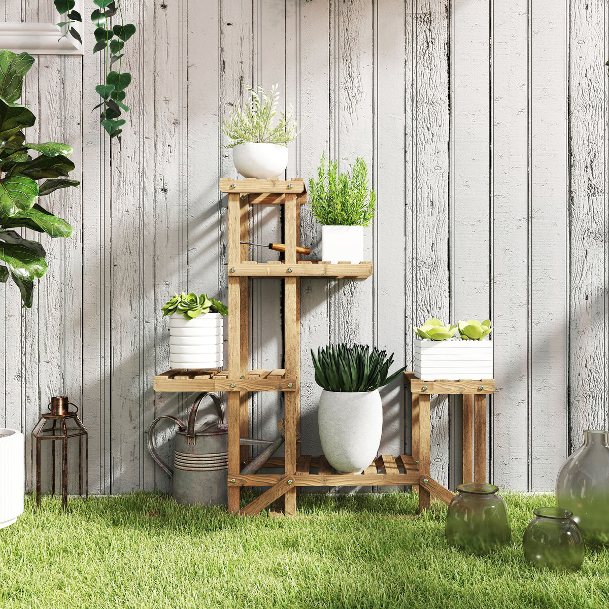 Flower Stand Plant Shelf 6 Tiers Four-Level Flower Rack Flower Stairs Flower Ladder Solid Wood Carbonized 98 x (2)