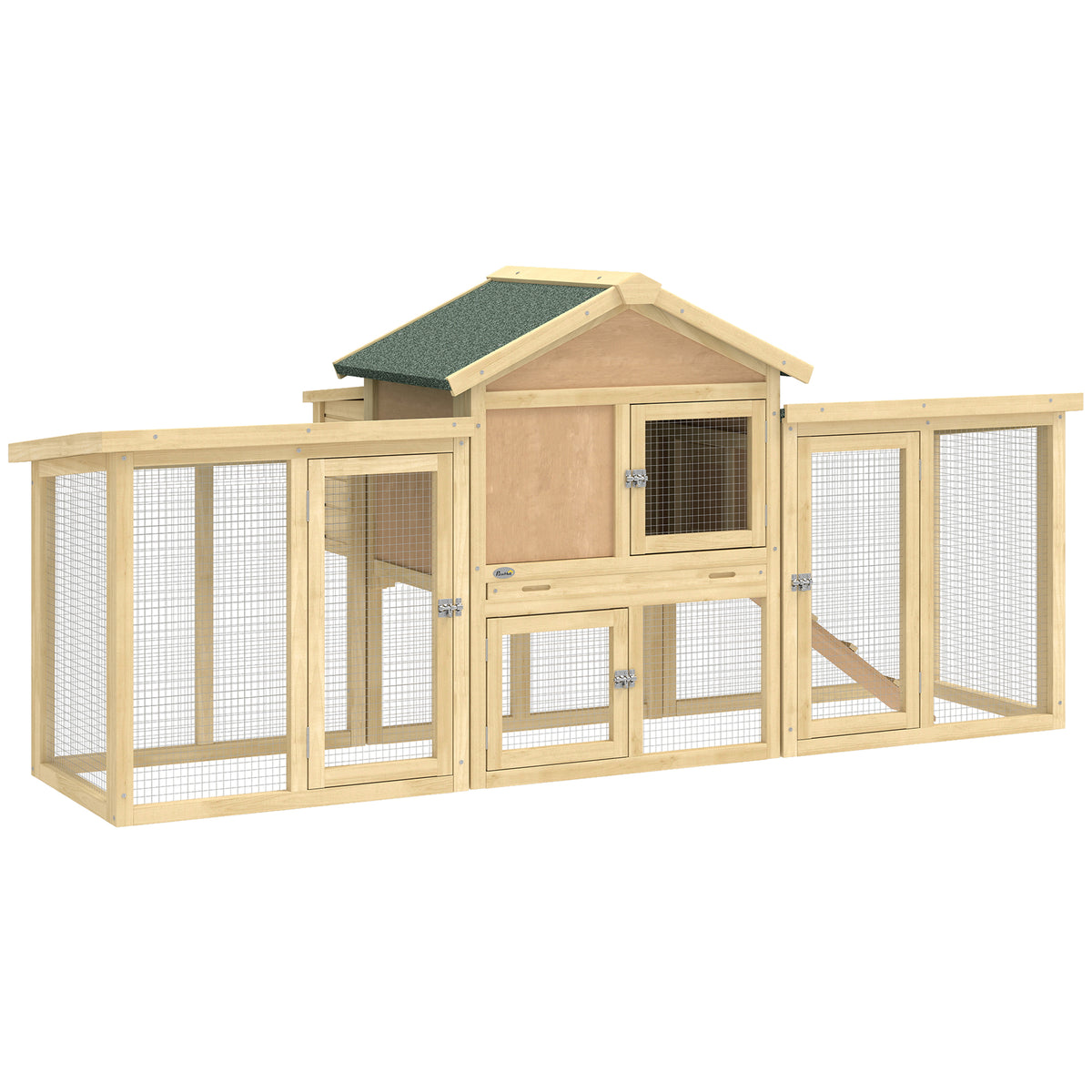 Wooden chicken coop with nesting box, waterproof roof, perch, run, ramp, 204x85x93 cm natural wood