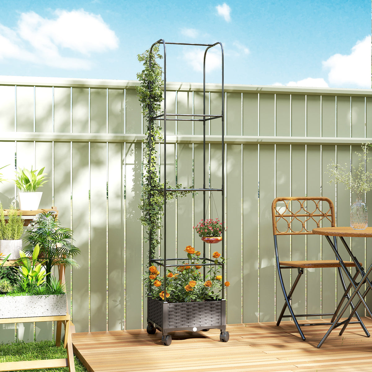 Raised garden bed with trellis, mobile planter with wheels and drainage hole, planting box 40 x 40 x 185 cm (2)