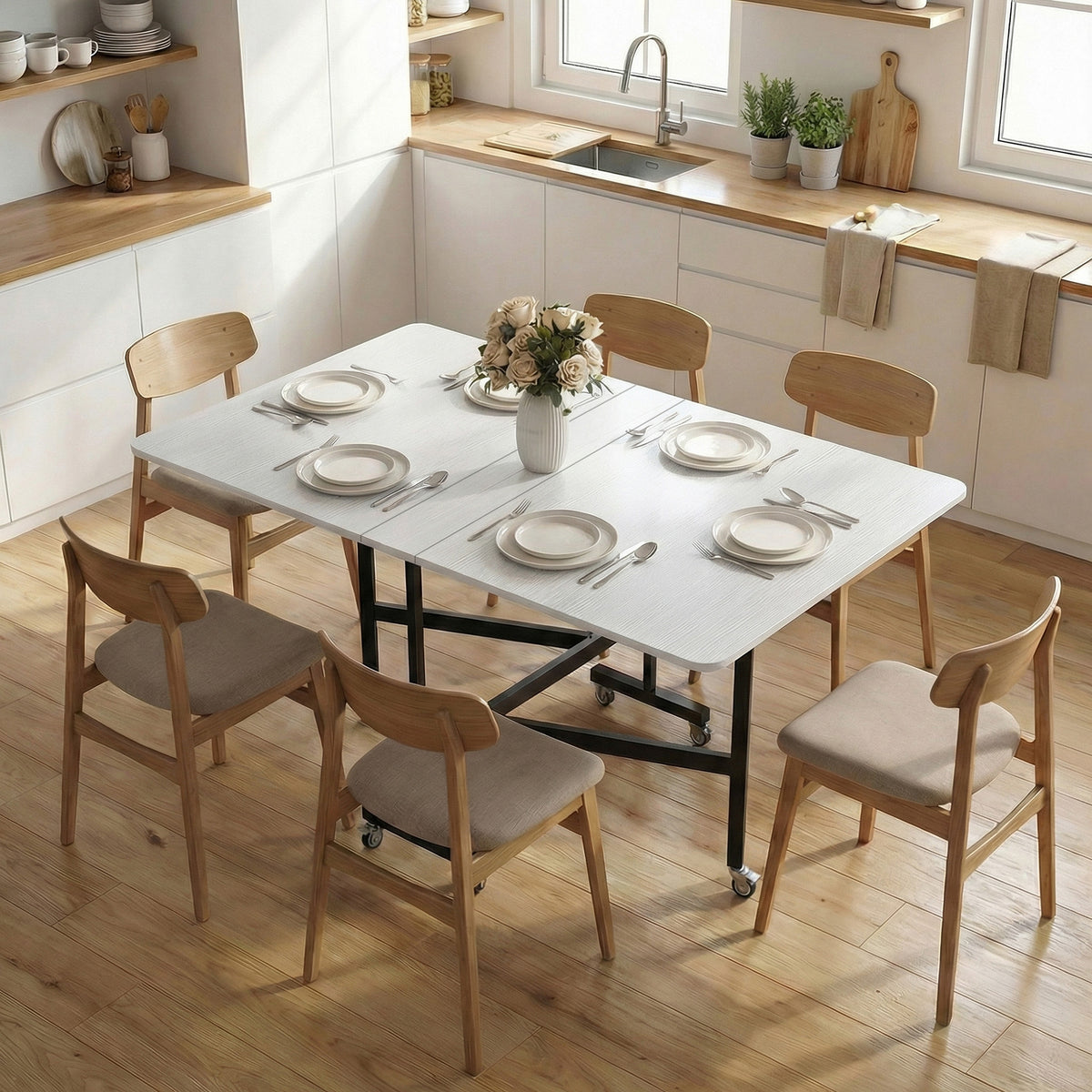 Mobile folding table with 6 wheels and brakes, foldable kitchen dining table for small spaces, white (2)