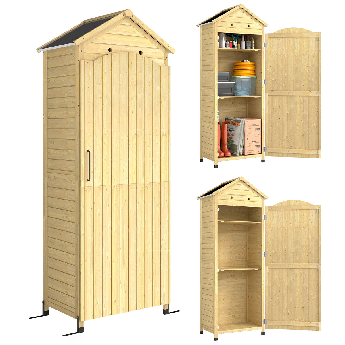 Wooden garden cabinet, adjustable shelf, magnetic door, galvanized roof, ventilation, 85x58x213 cm, natural wood