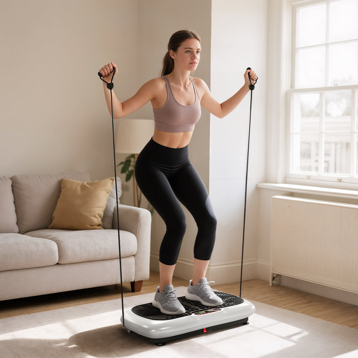 Vibration plate with 99 levels, 2 fitness bands 73 x 40 x 13cm White+Black (2)