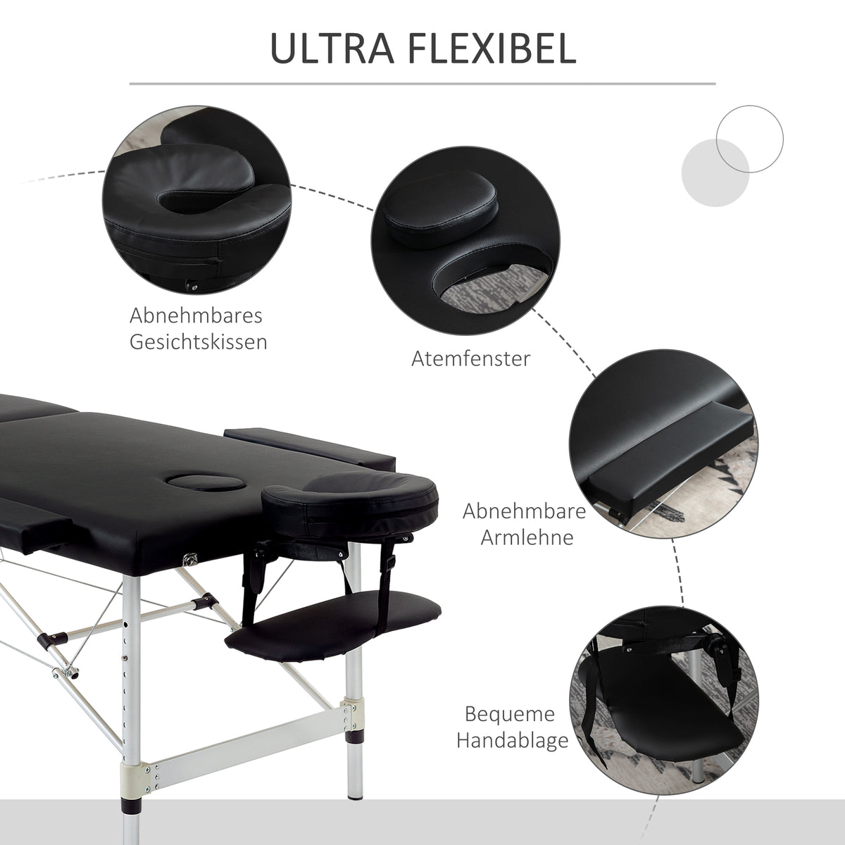 Massage table, 2-section foldable massage bed with faux leather, headrest, armrests, carrying bag (5)