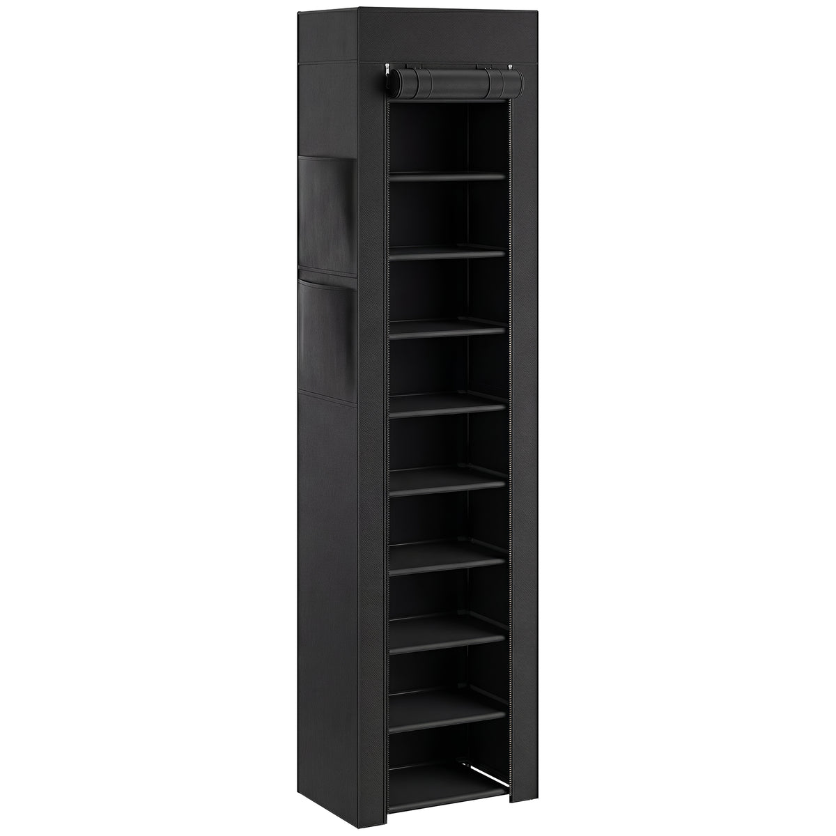 Metal shoe rack with dustproof fabric cover, for up to 20 pairs of shoes, 45 x 30 x 175 cm, black
