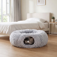 Cat tunnel, plush fabric, cushion, foldable, metal frame, cat cave, light gray (8)