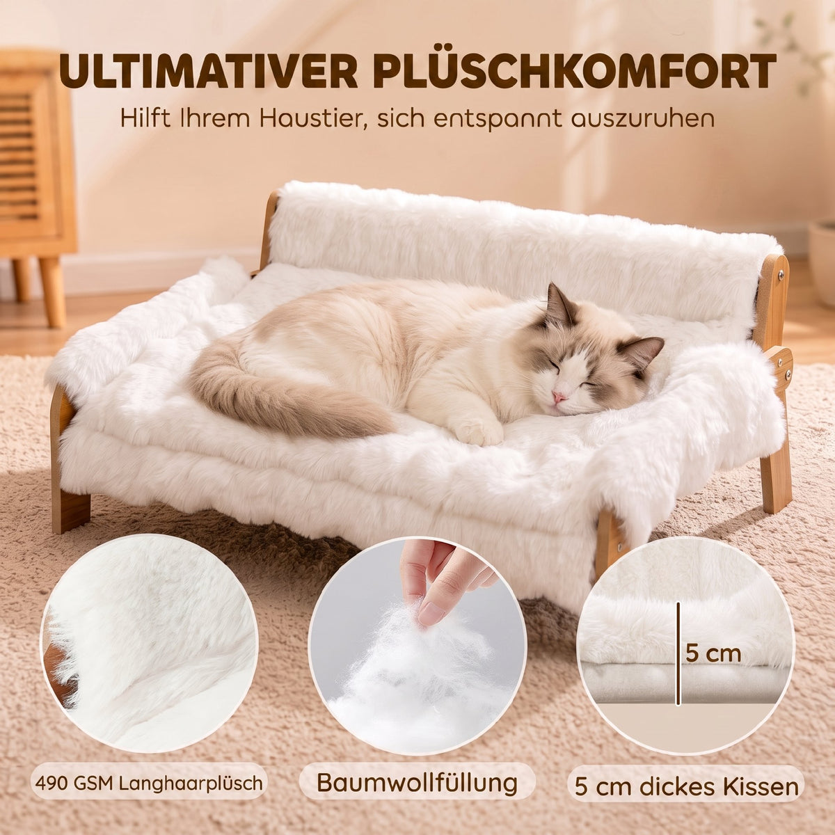 Elevated cat bed with wooden frame, removable cover, cotton filling, and non-slip feet, for cats up to 8 kg (5)