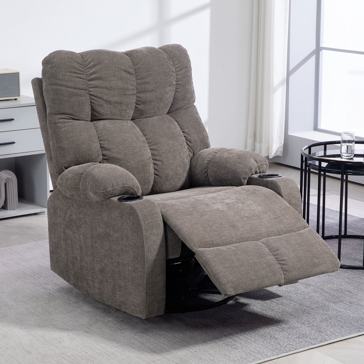 Recliner with footrest, modern lounge chair, swivel, up to 150 kg, steel frame, 88x96x108cm, light brown (2)