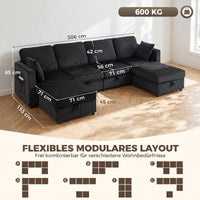 4-seater U-shaped corner sofa with storage ottoman, 306 cm corner couch in corduroy look, 4 cushions, for living (3)