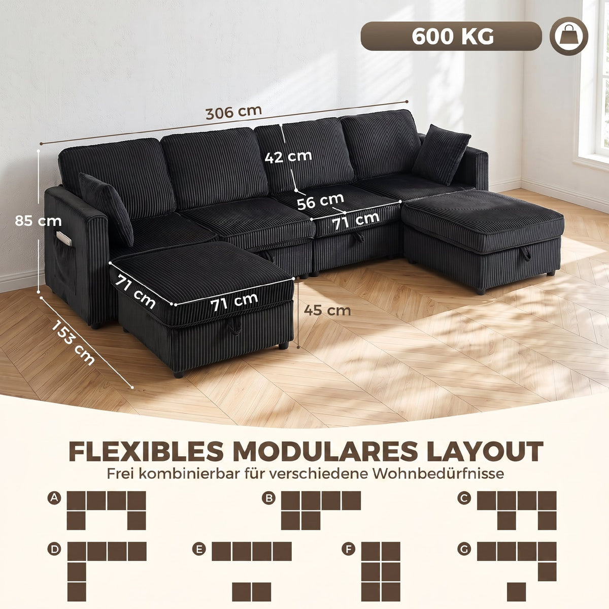 4-seater U-shaped corner sofa with storage ottoman, 306 cm corner couch in corduroy look, 4 cushions, for living (3)