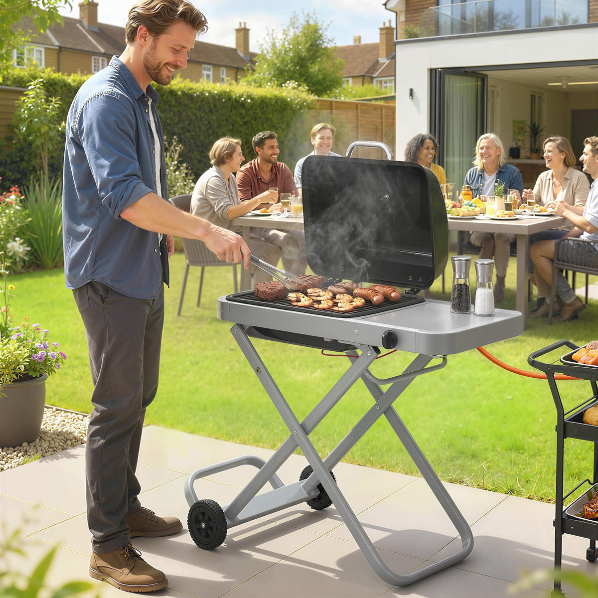 Portable 1-burner 2.5kW gas grill trolley with foldable cart, cooking grate, side table, lid, and thermometer (2)