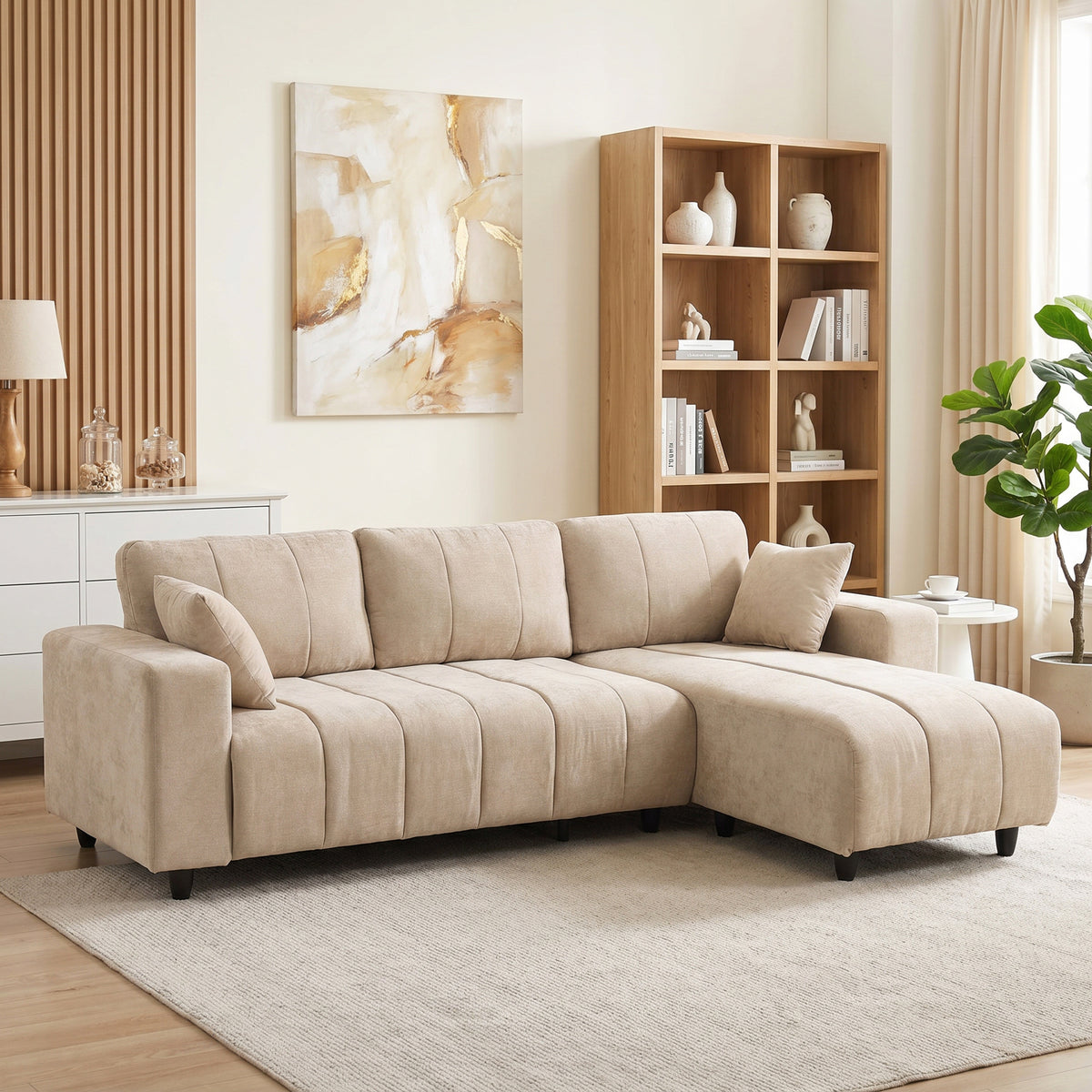 L-shaped corner sofa with flexible chaise longue, 4-seater couch with 2 cushions, metal frame, for living room (2)
