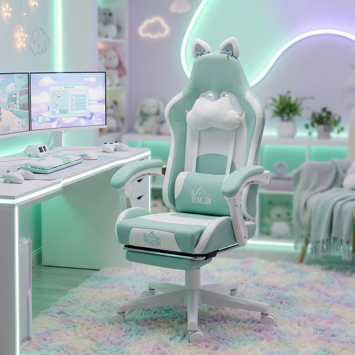 Gaming chair with cat ears, reclining backrest, retractable footrest, load capacity up to 120 kg, tiffany blue (2)