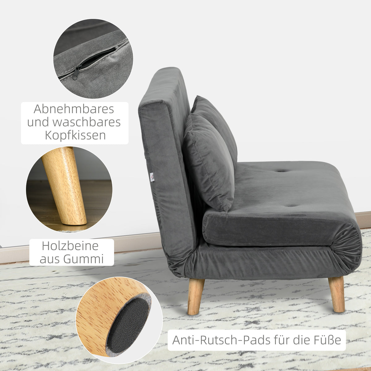 Sofa bed, relax sofa, sofa, couch, incl. 2 cushions, velvet look, 130 x 78 x 79 cm, grey (7)