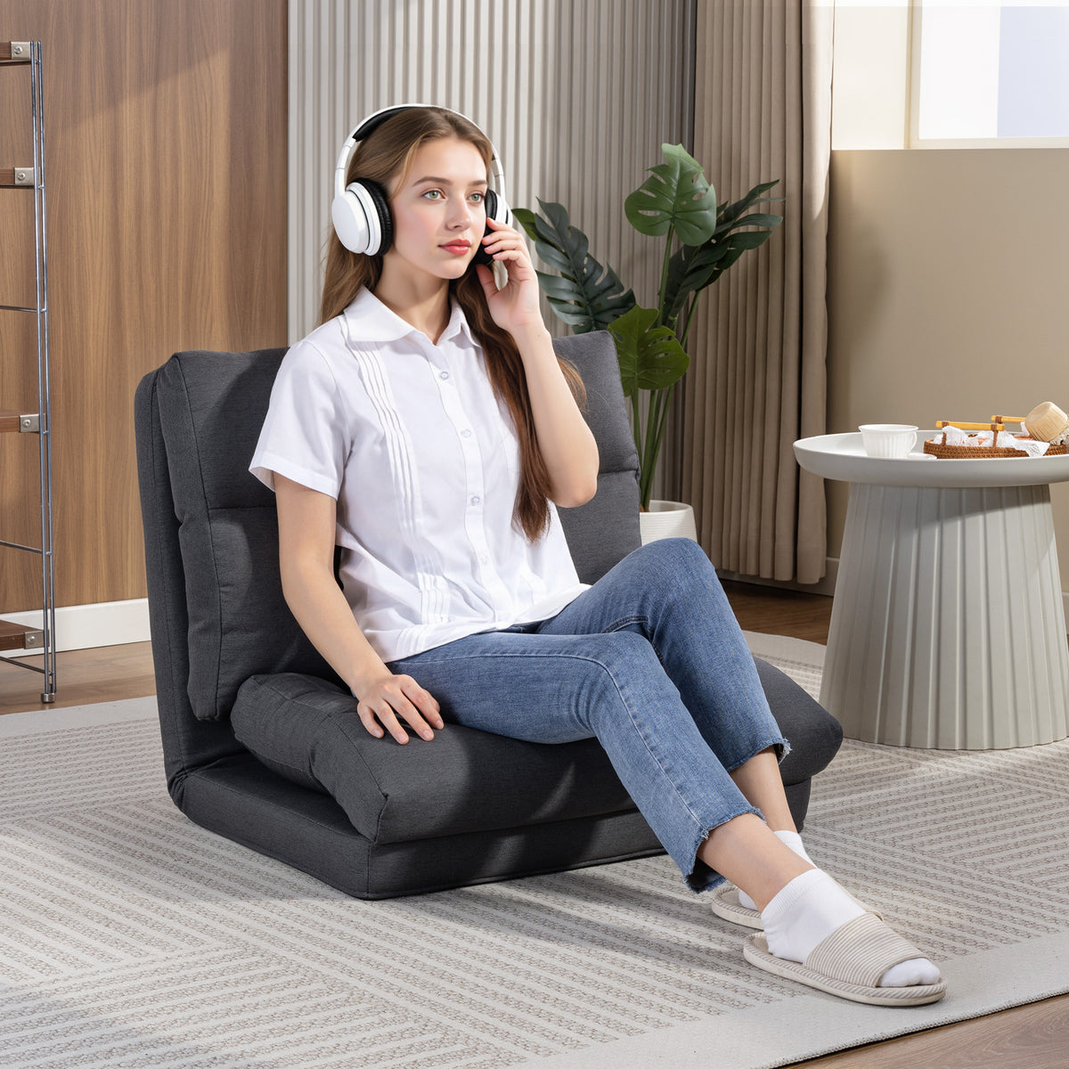 Bean bag with bed function, adjustable backrest, foldable, up to 120kg, 70 x 72 x 56 cm, dark grey (2)