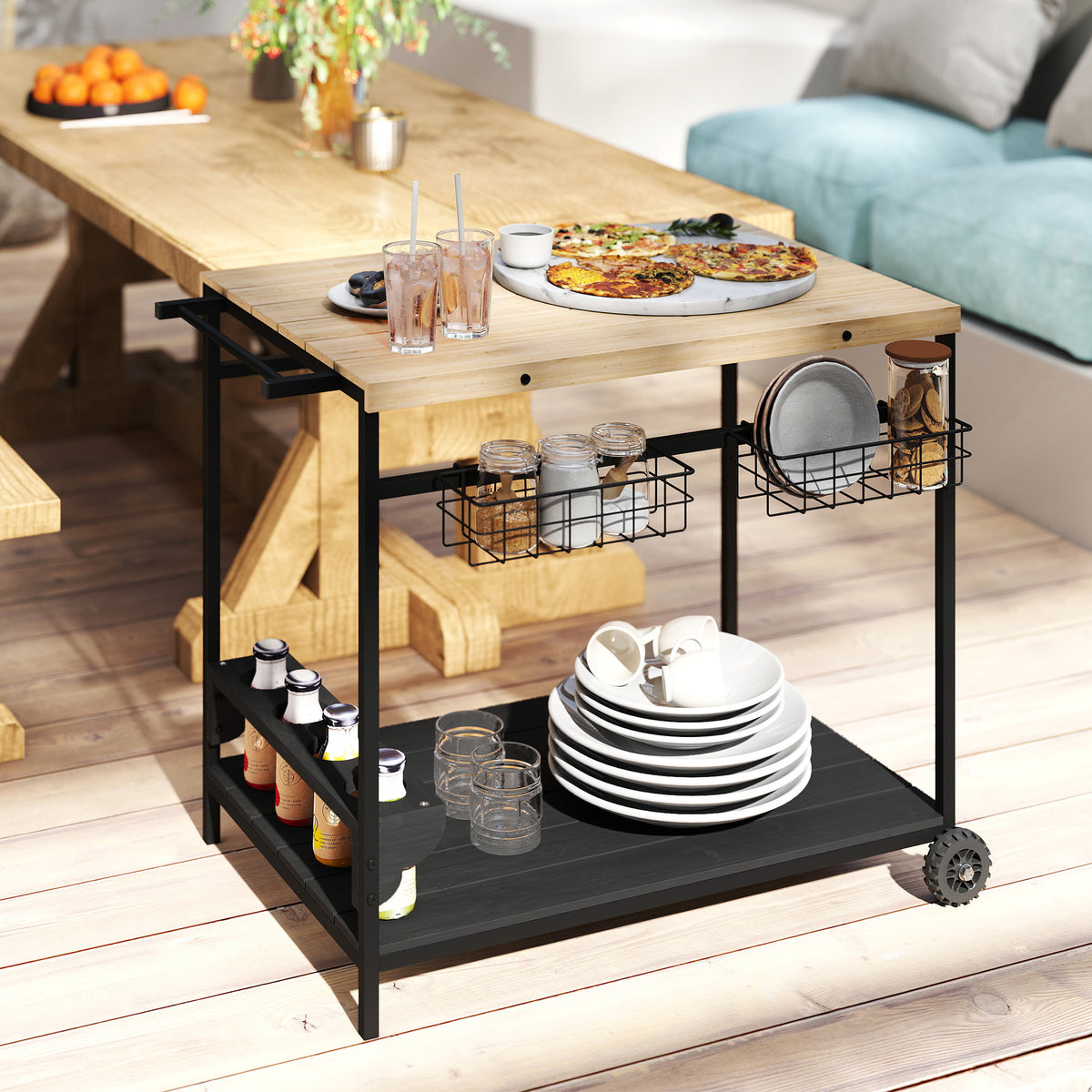 Serving trolley, kitchen cart, 2 tiers, 4 bottle holders, indoor/outdoor, natural/black (2)