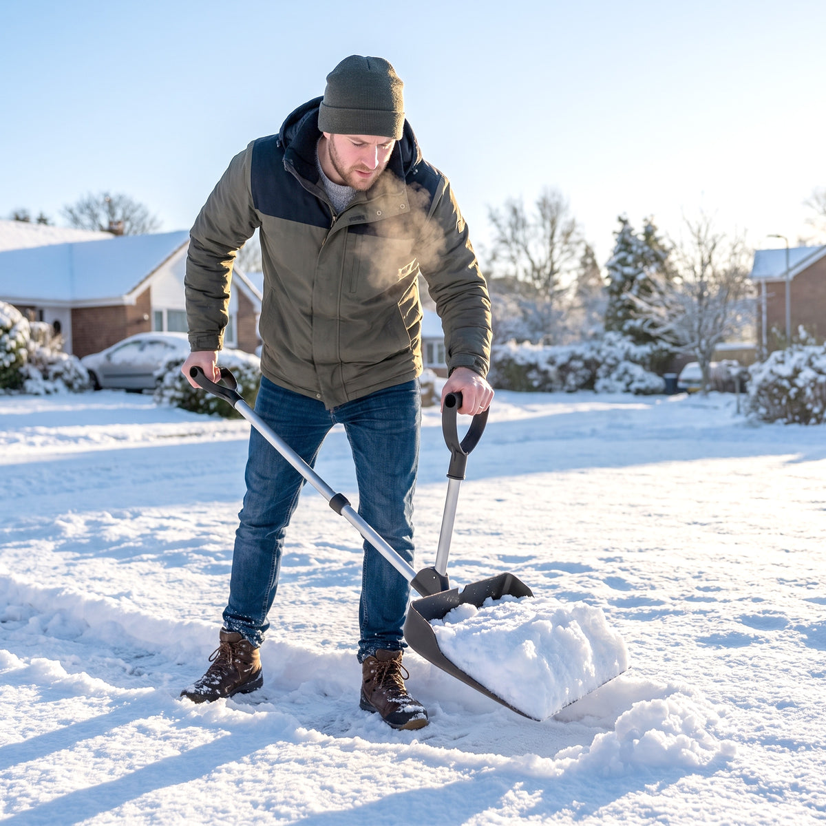 Snow pusher 45 cm wide, plastic snow shovel with ergonomic additional handle, snow clearer with aluminum handle (2)
