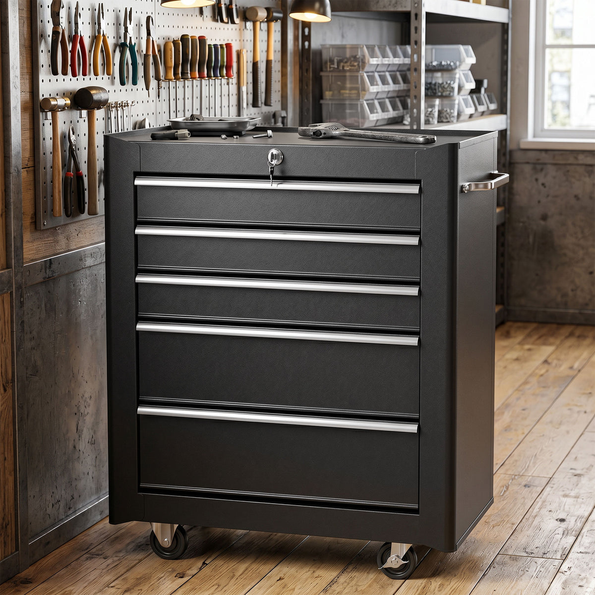 Tool cabinet, toolbox, 5 drawers, mobile, steel, black (2)