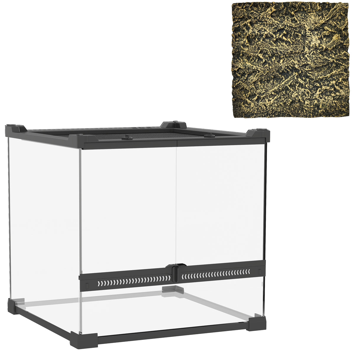 Glass terrarium for reptiles, raised & waterproof base, button lock