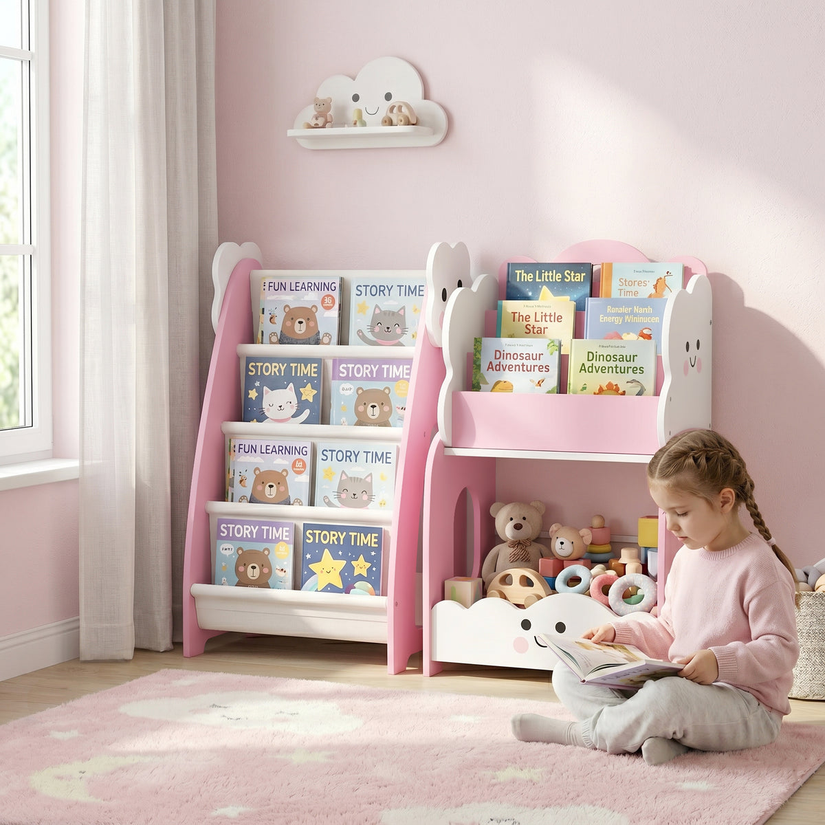 3-in-1 Kids' Shelf with Toy Storage, Modular Bookcase with 4 Pockets & 3 Tiers, plus Bedside Table, Pink (2)