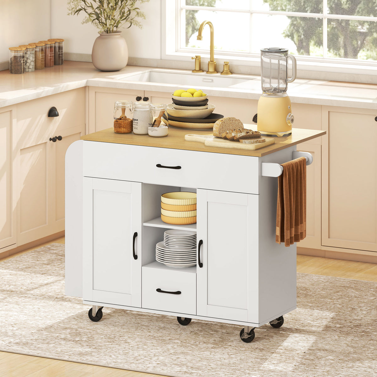 Rolling kitchen island, fold-out work surface, soft-close cabinet doors, drawers, towel rack, MDF, white (2)