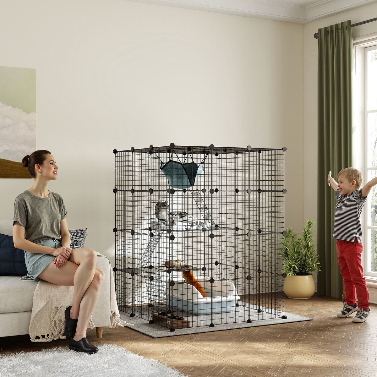 4-Tier Indoor Cat Cage DIY Cat Enclosure with Dense Metal Wire, Hammock, Ramp, Doors, and Jumping Platforms (2)