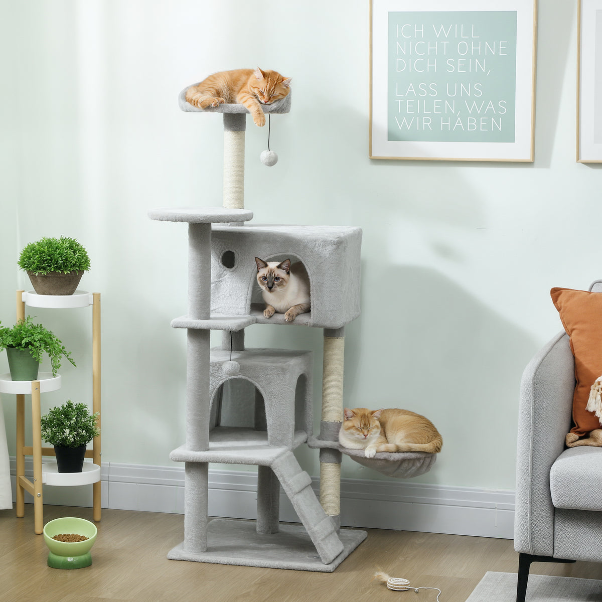 140 cm cat tree, multiple levels, sisal scratching posts, caves, plush platforms, hammock, ladder, play balls (2)