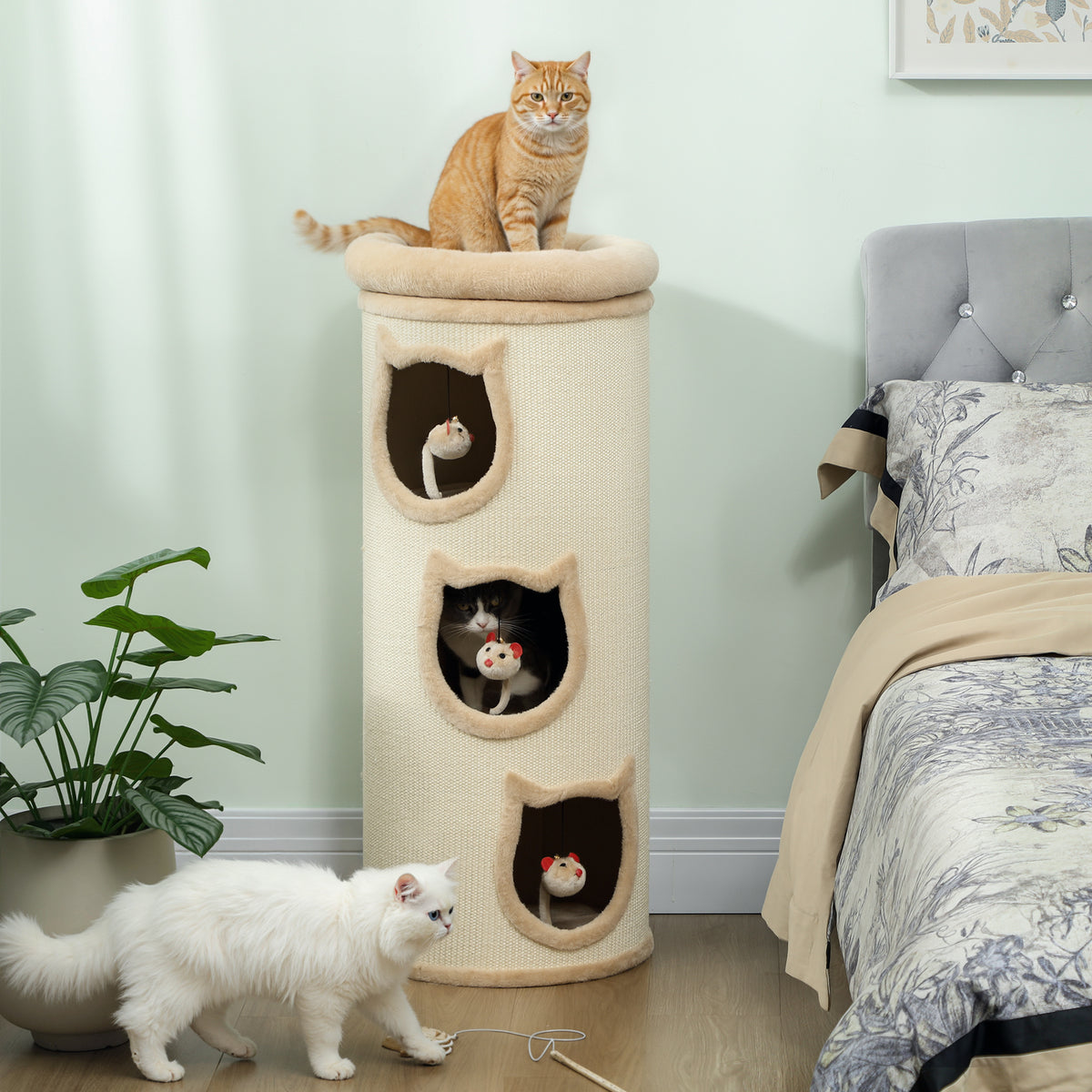 Cat scratching barrel, 96 cm, 4-level cat tower with washable bed, 3 sleeping caves, hanging toy, for multiple (2)