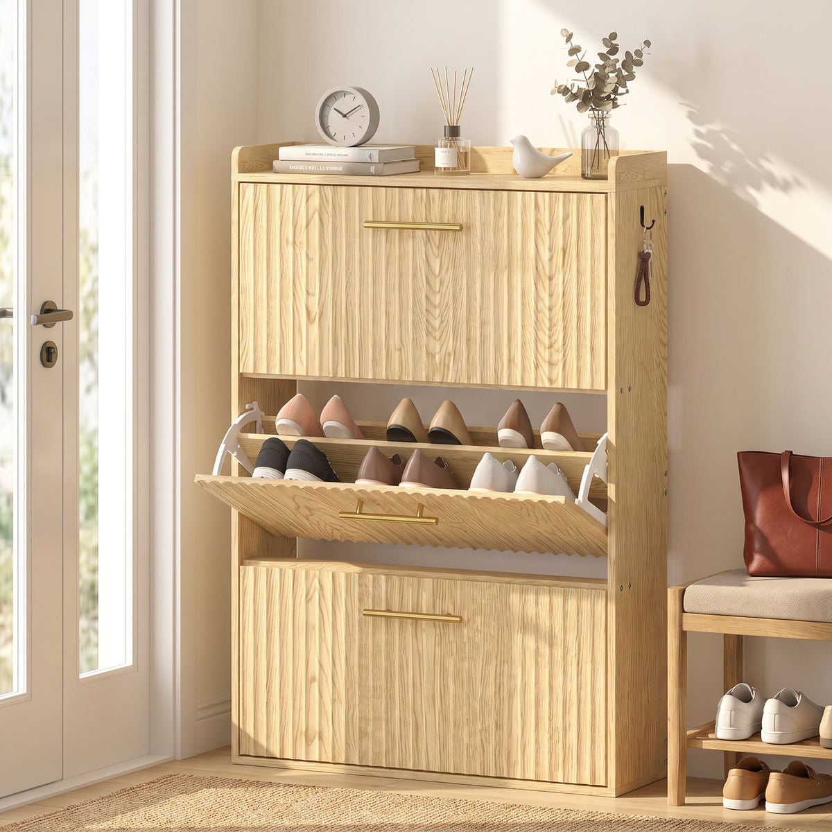 Narrow shoe cabinet with tilt-out design and 3 compartments, light brown (2)