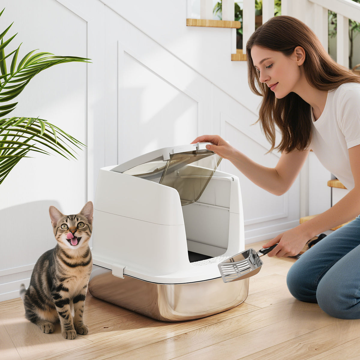 Stainless steel litter box, enclosed litter box with scoop, odor bags, entry and exit (2)
