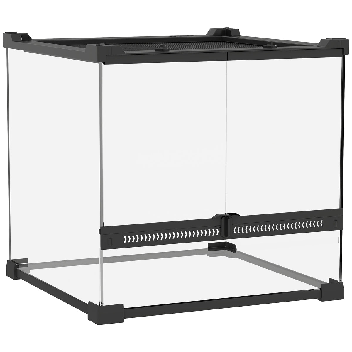 Glass terrarium for reptiles, raised & waterproof base, button lock