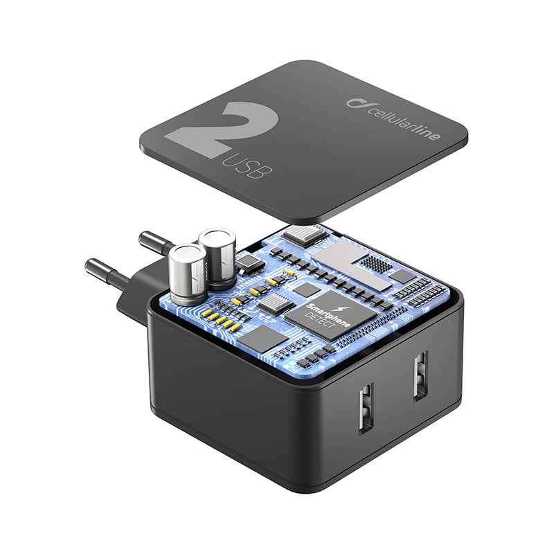 Cellularline Multipower 2 - 2x USB-A 12W + 12W mains charger (black) (2)