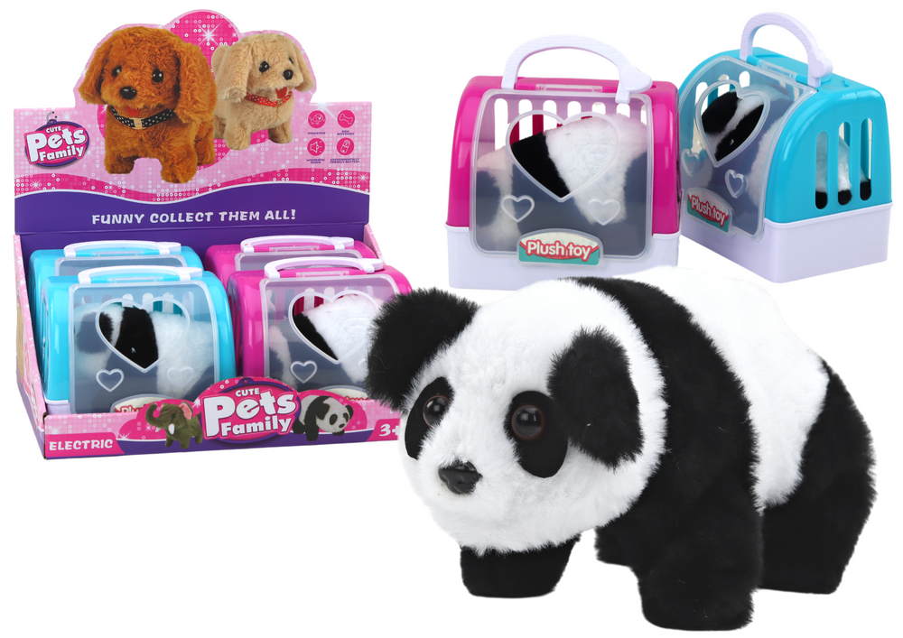 Interactive plush panda in a pink and blue van