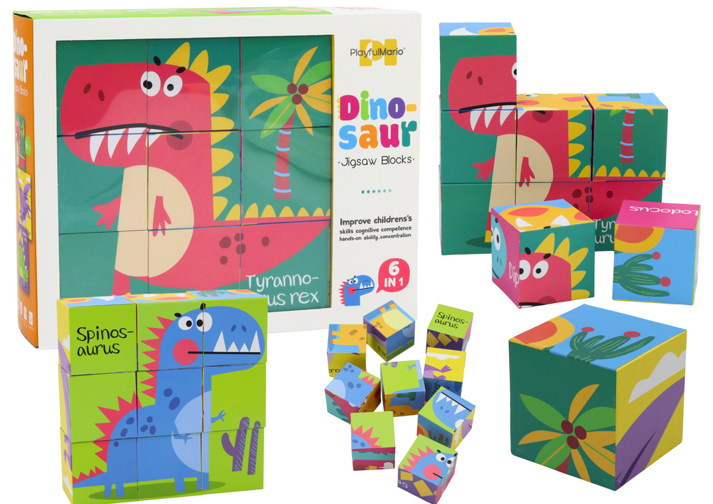 6-in-1 Learning Puzzle Block Cube 6 Pictures Dinosaur 9 pcs