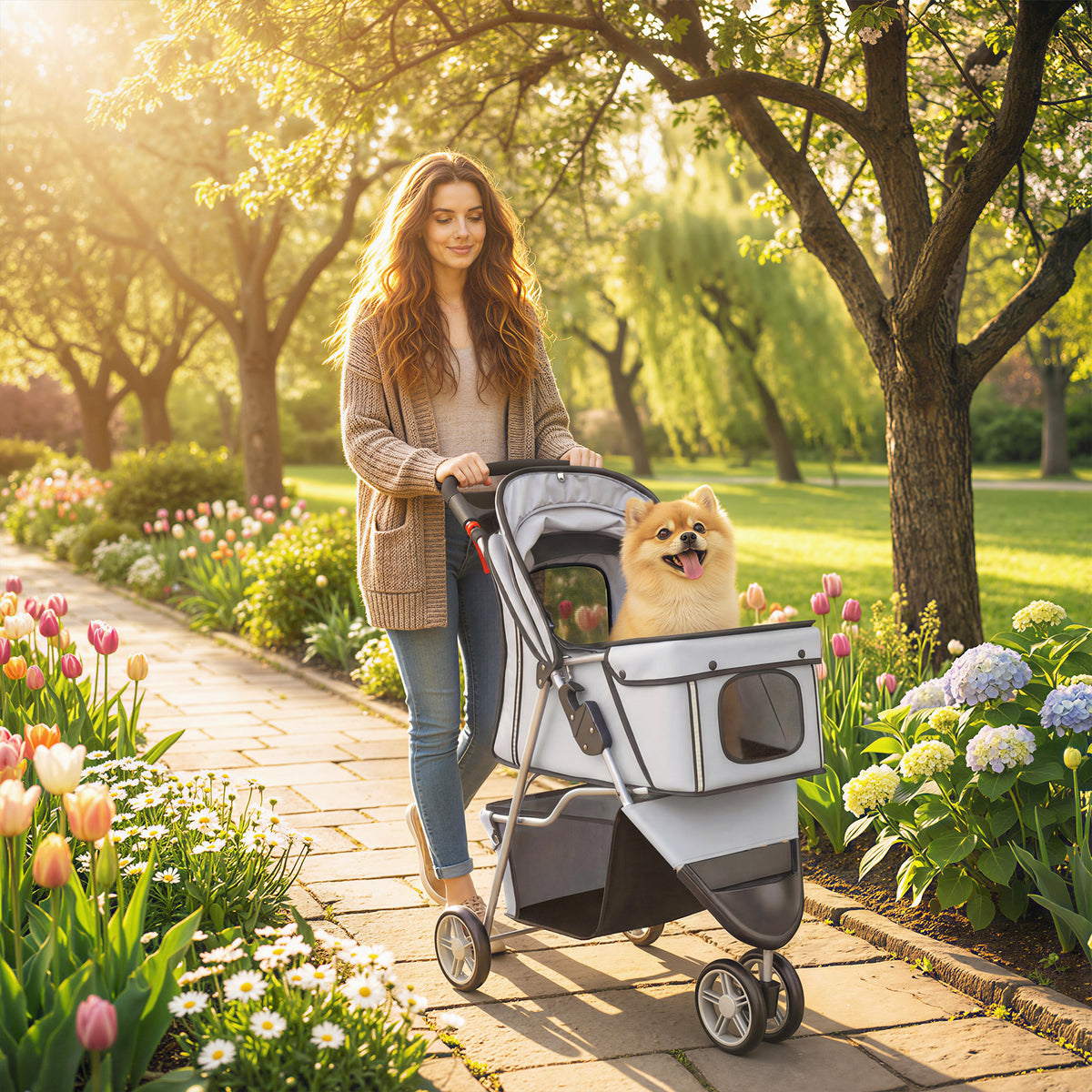 Foldable Dog Stroller Pet Buggy with Storage Basket, Cushion, Mesh Windows, and Cup Holder for Small Dogs up to (2)