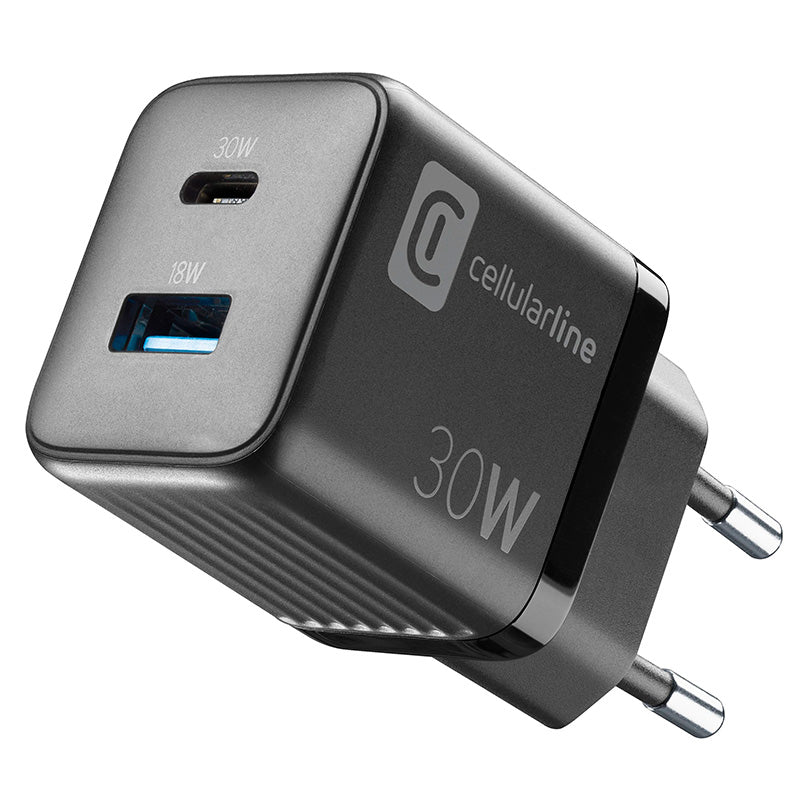 Cellularline Multipower Micro GaN - USB-C & USB-A Power Delivery 30W wall charger (black)