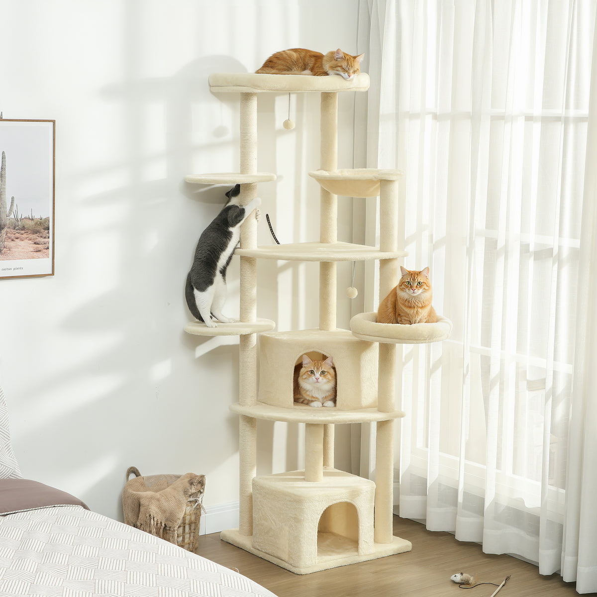 2-meter tall cat tree for 2-3 cats, scratching posts, caves, hammock, hideaways, multi-level design, sisal, wood (2)