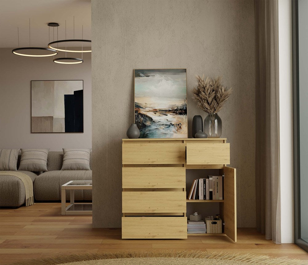 KOMMODE 1D5S Schrank 1 Tür 5 Schubladen für Wohnzimmer Schlafzimmer Zimmer EICHE ARTISAN – Produktabbildung 2