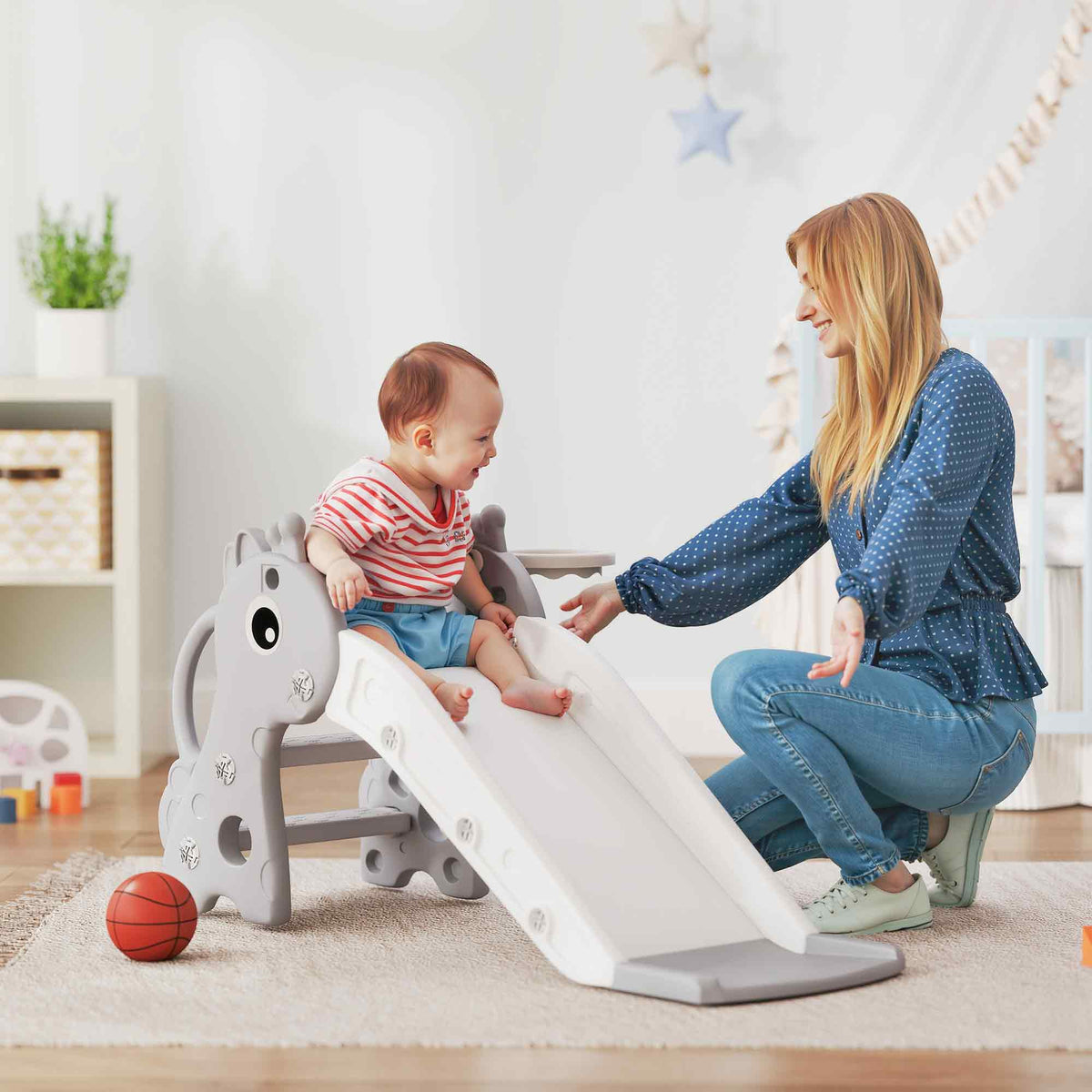 3-in-1 slide for children, giraffe shape, basketball hoop, ball, grey (2)