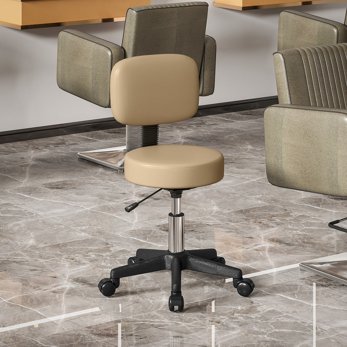 Height-adjustable rolling stool with backrest, 72-84 cm high, 360° swivel work stool for office, salon, light (2)