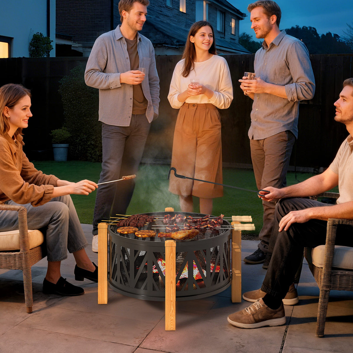 2-in-1 Fire Bowl Ø75 x 58 cm Fire Pit with Spark Screen, Poker, and Grill Grate Black (2)