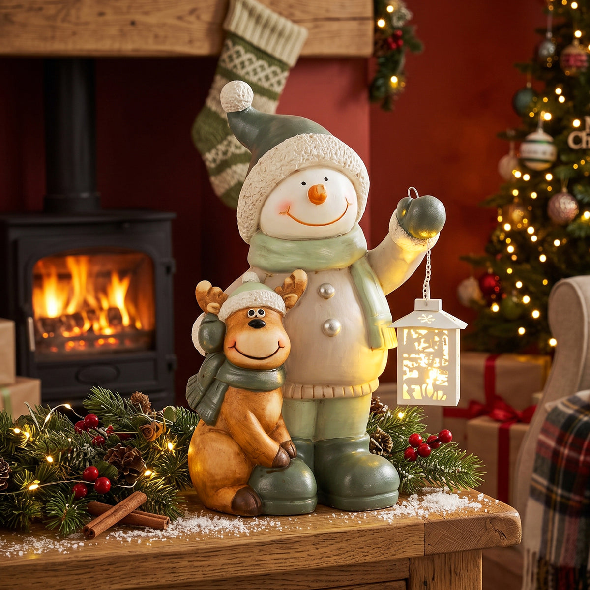 Snowman figure 43 cm made of MGO with LED lantern and timer, for entrance and doorway areas (2)