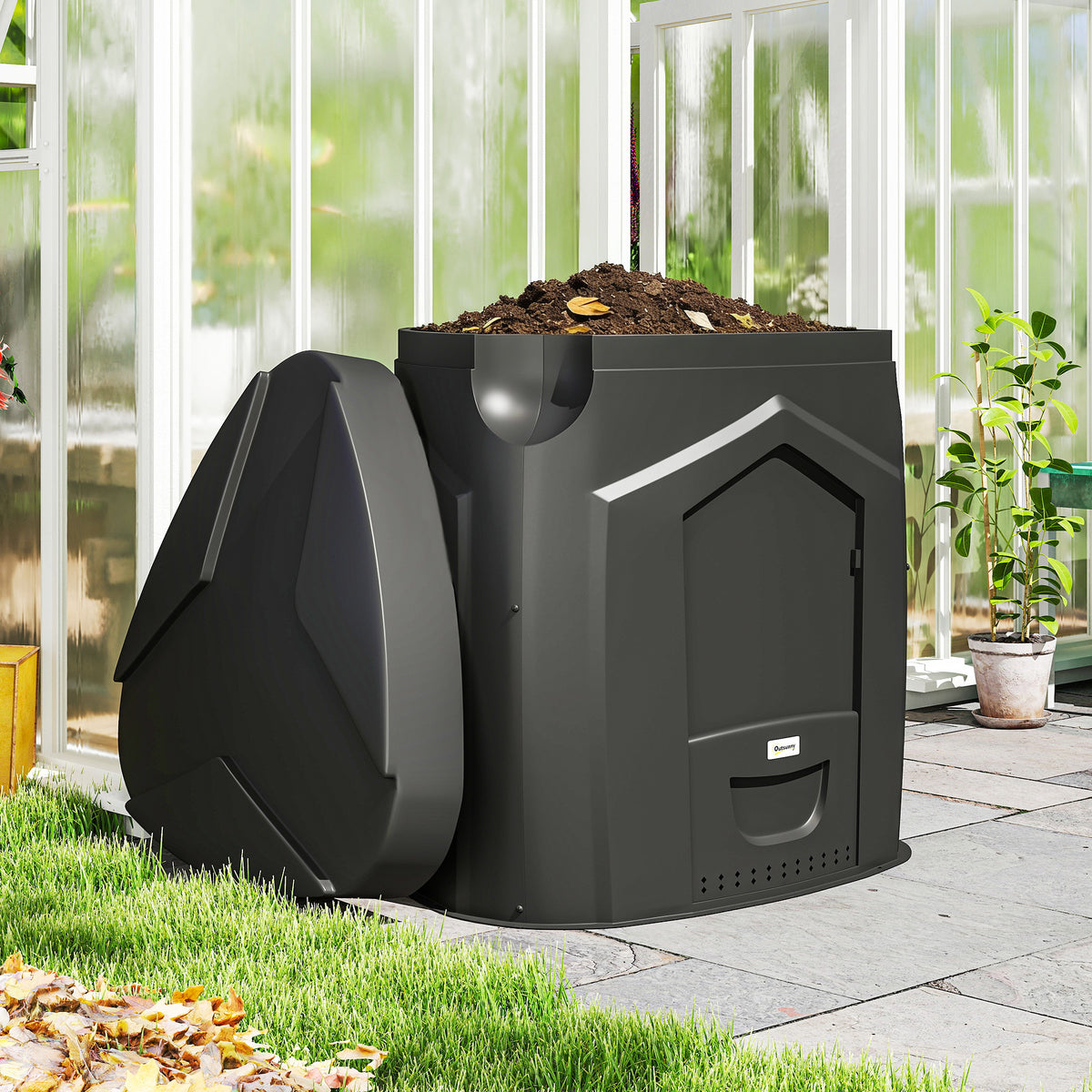 240L Garden Composter, Triangular Compost Bin with 3 Doors, Black (2)