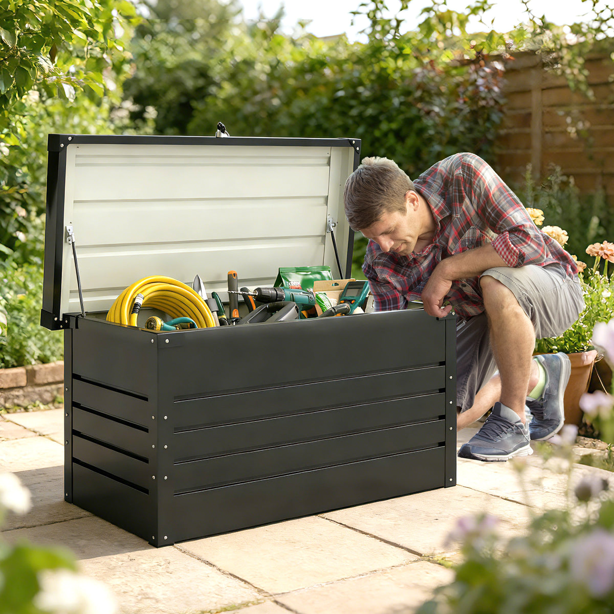 Metal Garden Box 350L Cushion Box with Double-Walled Lid 120 x 61 x 62 cm Waterproof Lockable Grey (2)