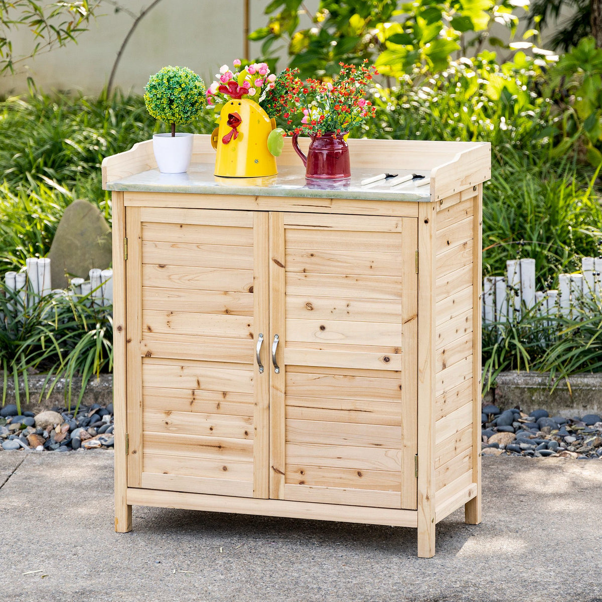 Garden cabinet with 2 compartments, metal worktop with upstand, natural wood, 83 x 40 x 92 cm (2)