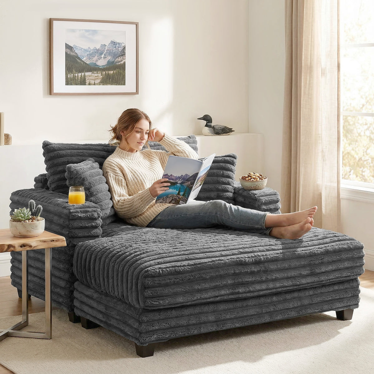 Chaise Longue 2-Seater Large Sofa Bed 134 x 151 cm with Cup Holder for Living Room, Gray (2)