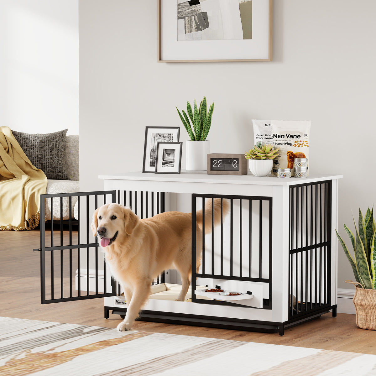Large dog crate, easy access, lockable, rotating bowl holder, for small and large dogs, white (2)