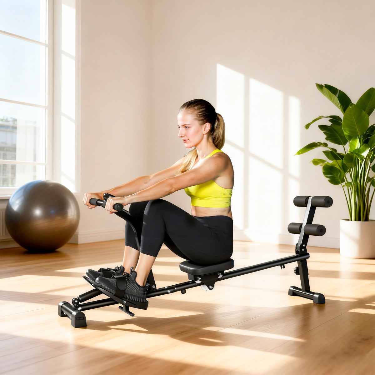 Rowing machine, rowing device for sit-ups, 12-level adjustable, 2-in-1 cardio machine, LCD display, steel (2)