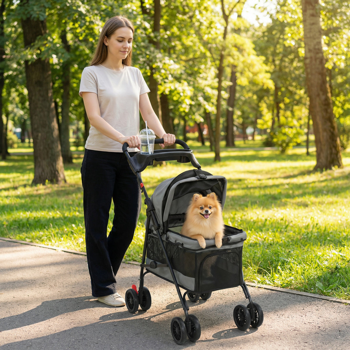 Foldable Dog Stroller Pet Buggy with Cushion, Mesh Windows, Cup Holder, and 360° Swivel Wheels for Small Dogs up (2)