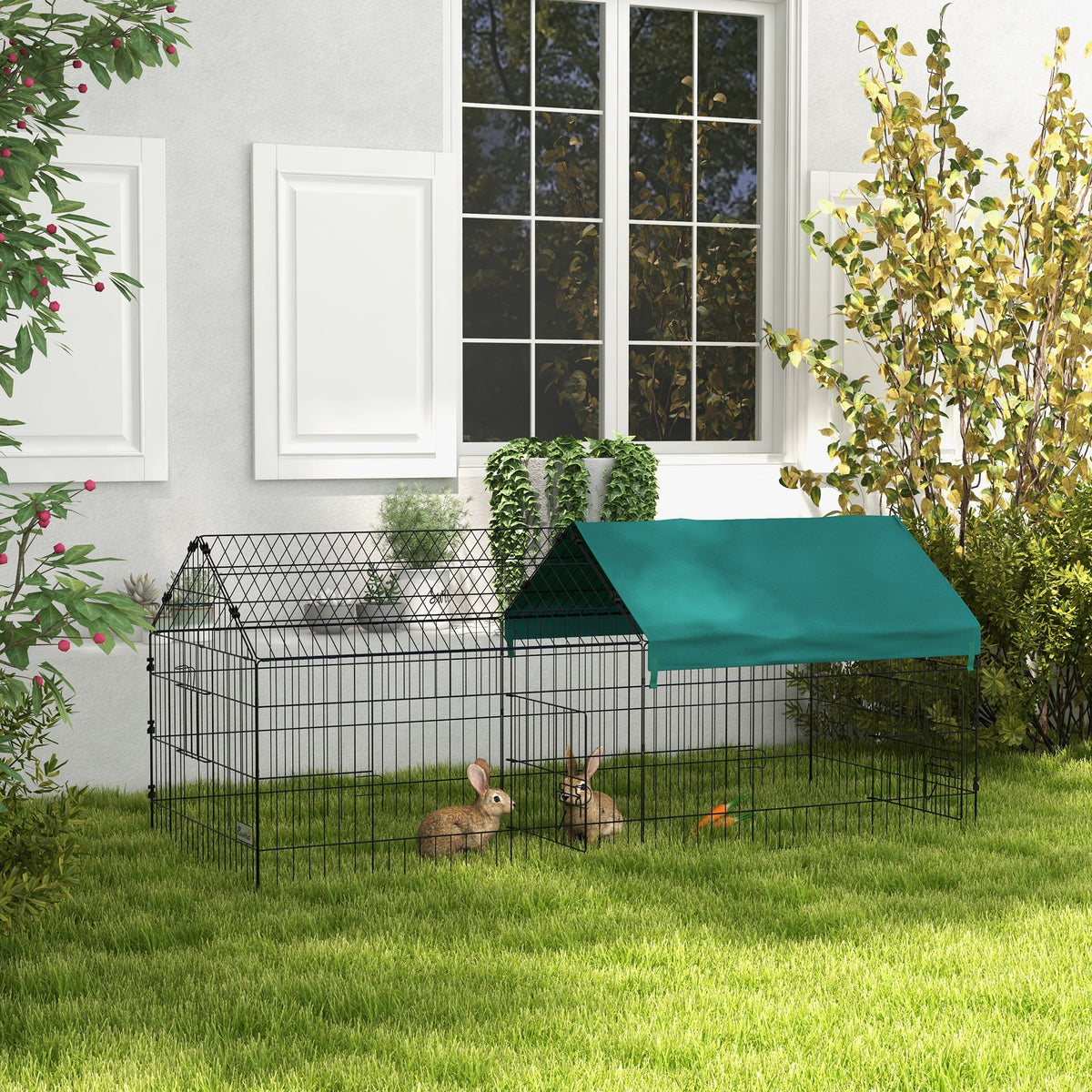 Small animal enclosure with roof, 4 doors, weatherproof, steel/polyester, 185x75x75cm, black/green (2)