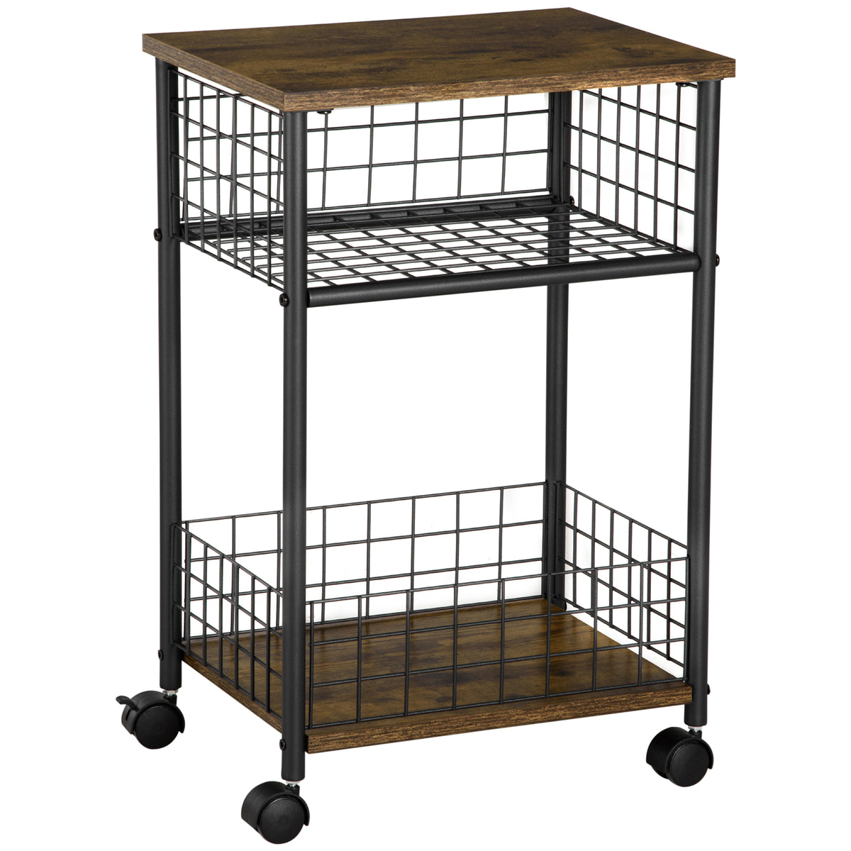 Kitchen trolley in industrial design 1 shelf 1 storage basket 4 wheels 40 cm x 30 cm x 62 cm steel black + brown